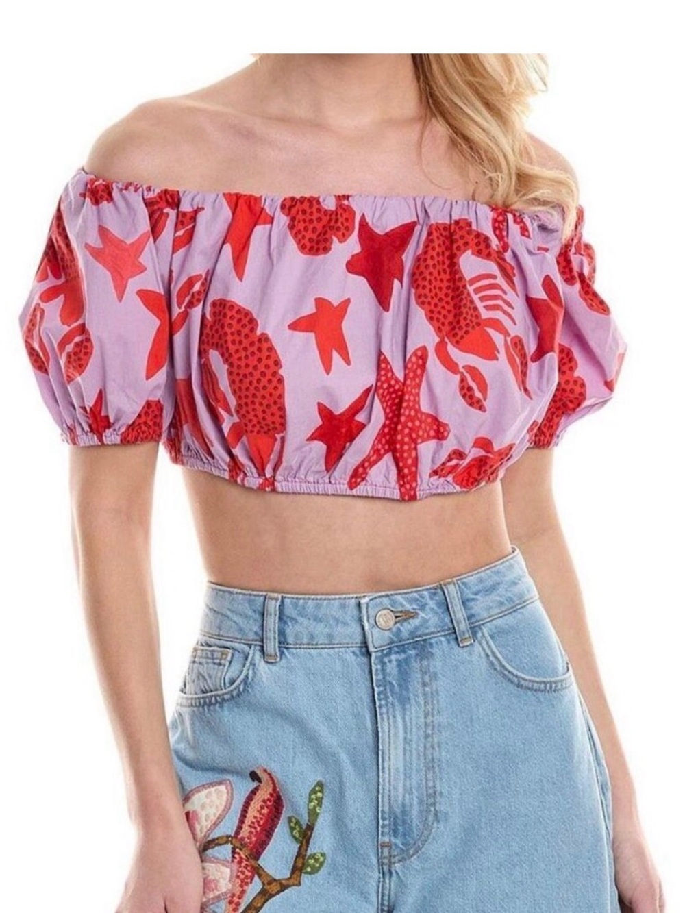 FARM Rio Lavender Off-Shoulder Crop Top with Red Starfish Print